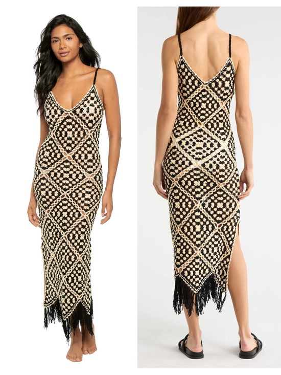 Elan Dresses & Skirts - Elan Crochet Maxi Cover Up Dress Size Small Black Off White Cream Fringe NWT
